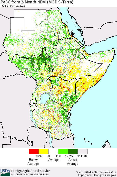 Eastern Africa PASG from 2-Month NDVI (Terra-MODIS) Thematic Map For 3/11/2022 - 3/20/2022