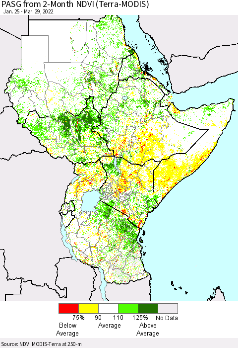 Eastern Africa PASG from 2-Month NDVI (Terra-MODIS) Thematic Map For 3/22/2022 - 3/29/2022