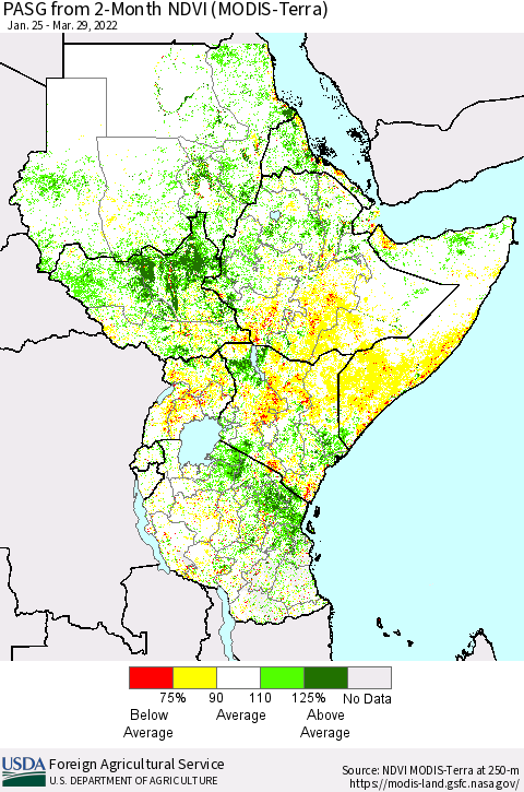 Eastern Africa PASG from 2-Month NDVI (Terra-MODIS) Thematic Map For 3/21/2022 - 3/31/2022