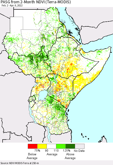 Eastern Africa PASG from 2-Month NDVI (Terra-MODIS) Thematic Map For 3/30/2022 - 4/6/2022