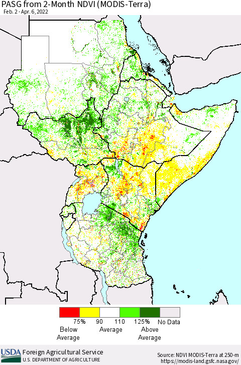 Eastern Africa PASG from 2-Month NDVI (Terra-MODIS) Thematic Map For 4/1/2022 - 4/10/2022