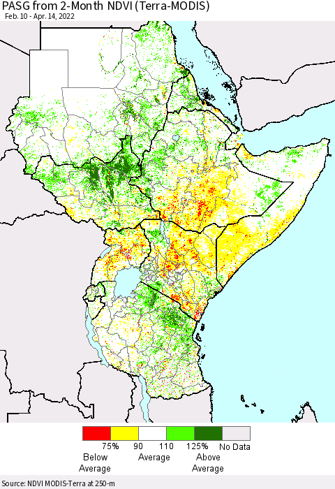 Eastern Africa PASG from 2-Month NDVI (Terra-MODIS) Thematic Map For 4/7/2022 - 4/14/2022