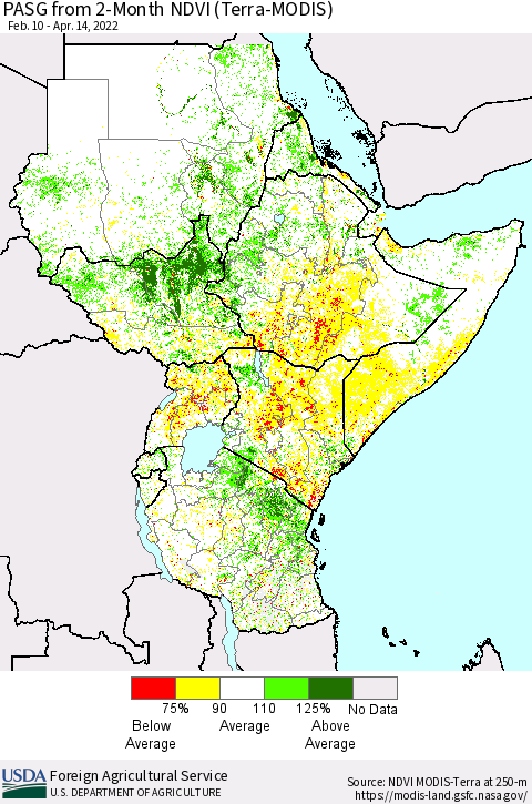 Eastern Africa PASG from 2-Month NDVI (Terra-MODIS) Thematic Map For 4/11/2022 - 4/20/2022