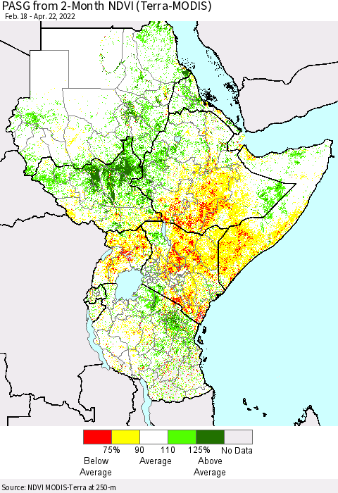 Eastern Africa PASG from 2-Month NDVI (Terra-MODIS) Thematic Map For 4/15/2022 - 4/22/2022