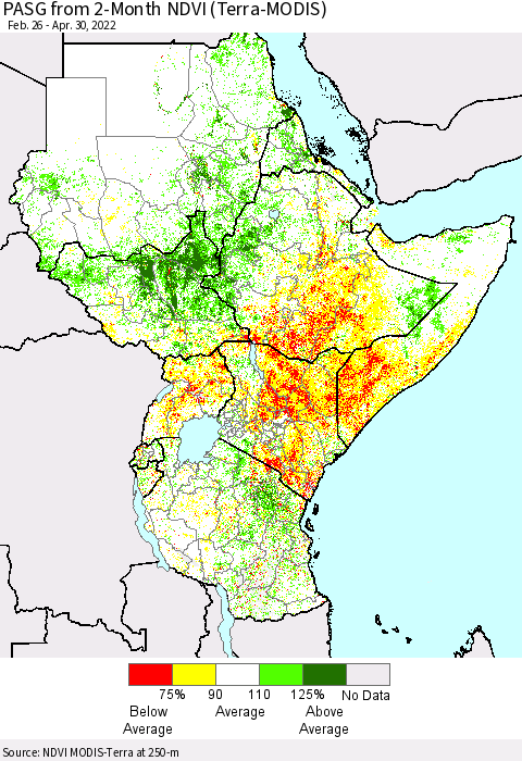 Eastern Africa PASG from 2-Month NDVI (Terra-MODIS) Thematic Map For 4/23/2022 - 4/30/2022