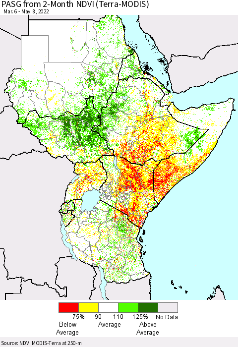 Eastern Africa PASG from 2-Month NDVI (Terra-MODIS) Thematic Map For 5/1/2022 - 5/8/2022
