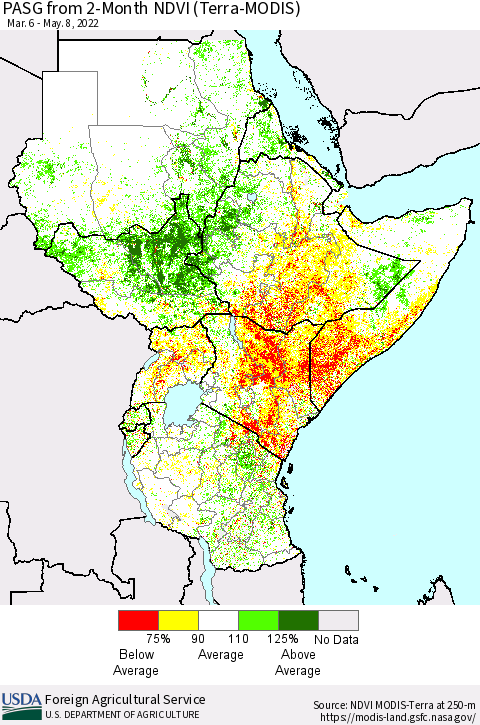 Eastern Africa PASG from 2-Month NDVI (Terra-MODIS) Thematic Map For 5/1/2022 - 5/10/2022