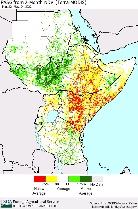 Eastern Africa PASG from 2-Month NDVI (Terra-MODIS) Thematic Map For 5/21/2022 - 5/31/2022