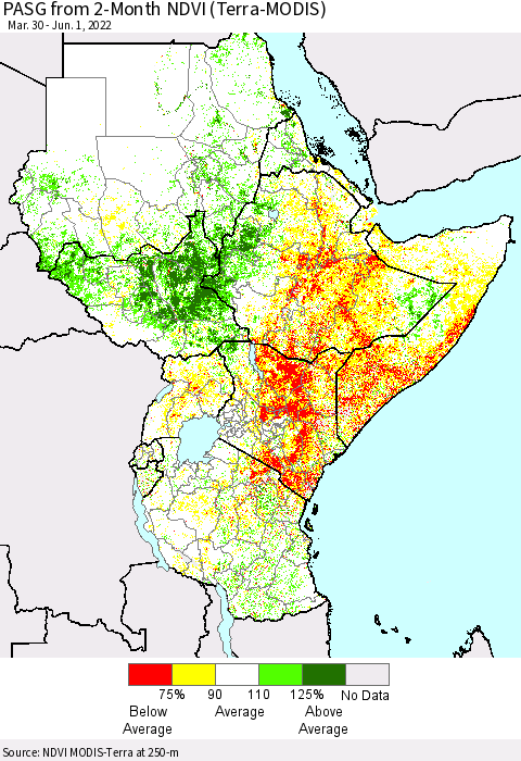 Eastern Africa PASG from 2-Month NDVI (Terra-MODIS) Thematic Map For 5/25/2022 - 6/1/2022