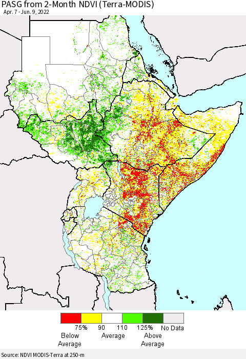 Eastern Africa PASG from 2-Month NDVI (Terra-MODIS) Thematic Map For 6/2/2022 - 6/9/2022