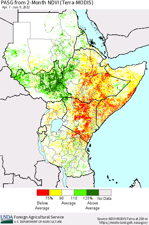 Eastern Africa PASG from 2-Month NDVI (Terra-MODIS) Thematic Map For 6/1/2022 - 6/10/2022