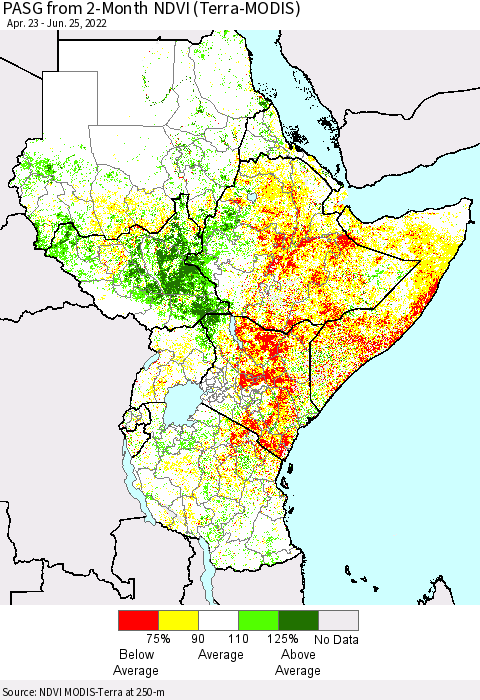 Eastern Africa PASG from 2-Month NDVI (Terra-MODIS) Thematic Map For 6/18/2022 - 6/25/2022