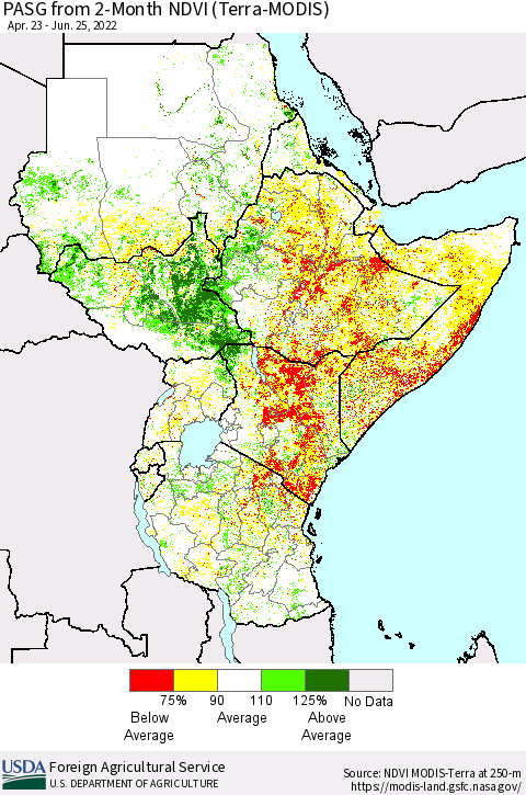 Eastern Africa PASG from 2-Month NDVI (Terra-MODIS) Thematic Map For 6/21/2022 - 6/30/2022