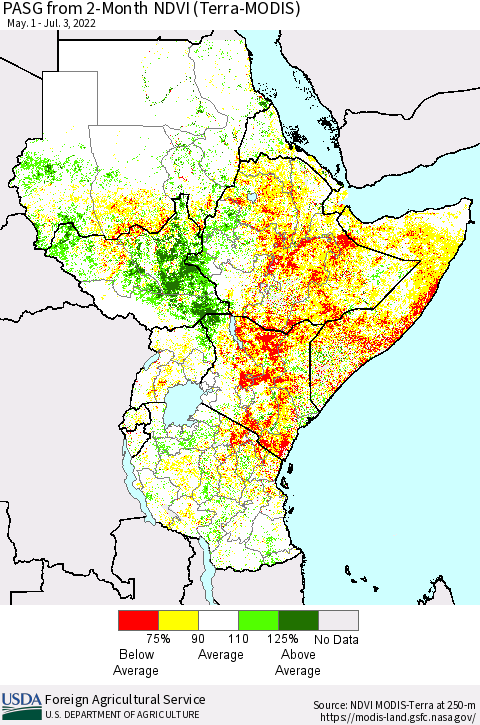 Eastern Africa PASG from 2-Month NDVI (Terra-MODIS) Thematic Map For 7/1/2022 - 7/10/2022
