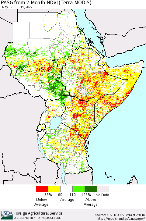 Eastern Africa PASG from 2-Month NDVI (Terra-MODIS) Thematic Map For 7/11/2022 - 7/20/2022