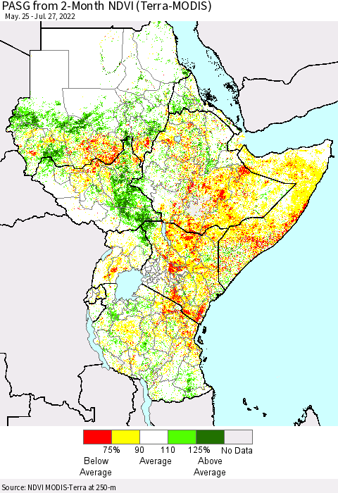 Eastern Africa PASG from 2-Month NDVI (Terra-MODIS) Thematic Map For 7/20/2022 - 7/27/2022