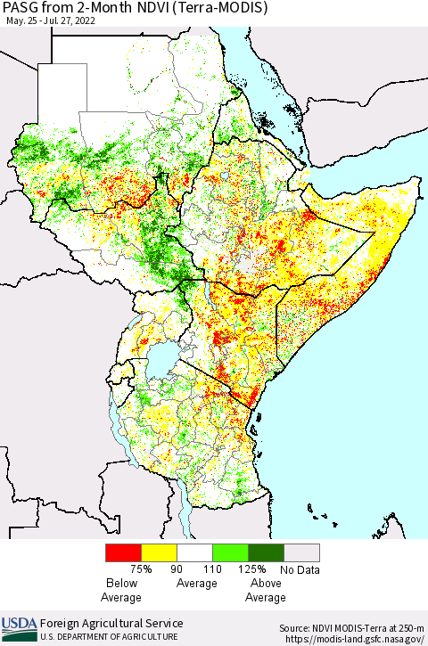 Eastern Africa PASG from 2-Month NDVI (Terra-MODIS) Thematic Map For 7/21/2022 - 7/31/2022