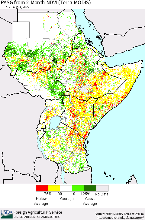 Eastern Africa PASG from 2-Month NDVI (Terra-MODIS) Thematic Map For 8/1/2022 - 8/10/2022