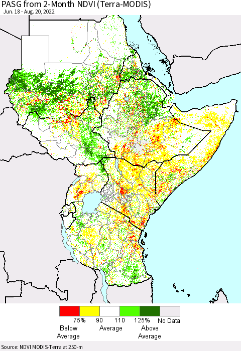 Eastern Africa PASG from 2-Month NDVI (Terra-MODIS) Thematic Map For 8/11/2022 - 8/20/2022