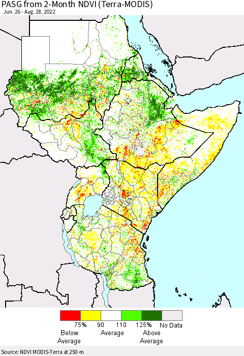 Eastern Africa PASG from 2-Month NDVI (Terra-MODIS) Thematic Map For 8/21/2022 - 8/28/2022
