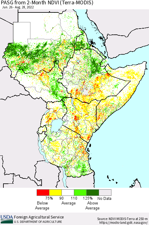 Eastern Africa PASG from 2-Month NDVI (Terra-MODIS) Thematic Map For 8/21/2022 - 8/31/2022