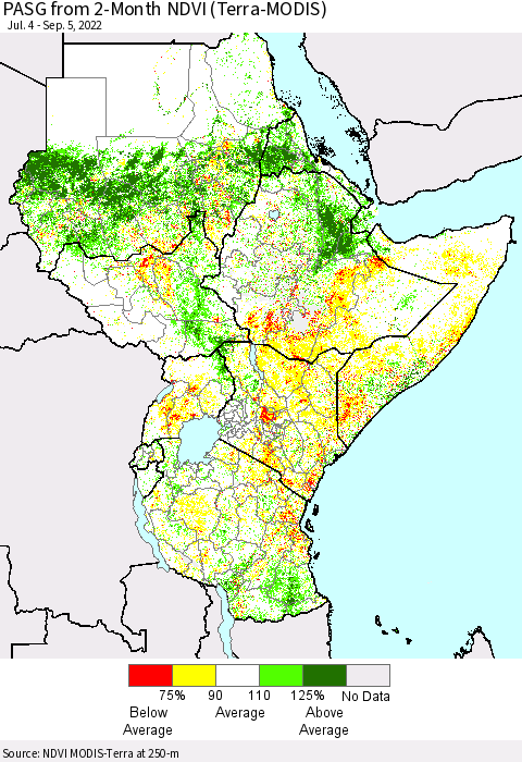 Eastern Africa PASG from 2-Month NDVI (Terra-MODIS) Thematic Map For 8/29/2022 - 9/5/2022