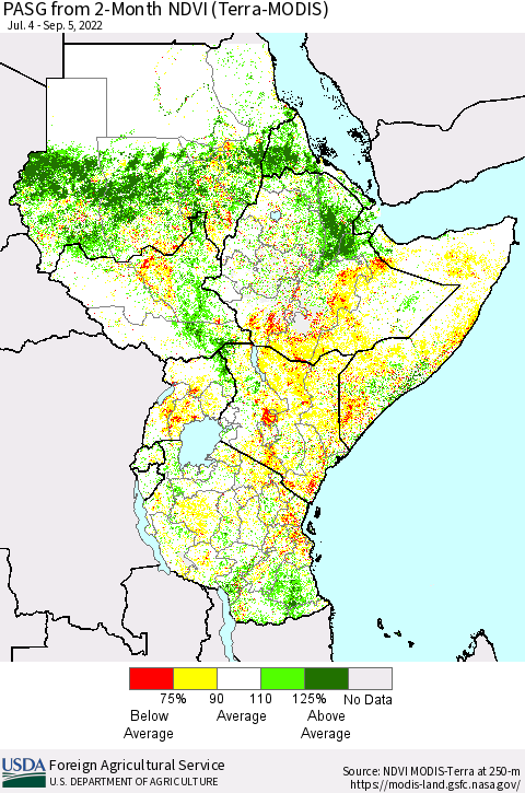 Eastern Africa PASG from 2-Month NDVI (Terra-MODIS) Thematic Map For 9/1/2022 - 9/10/2022