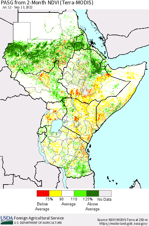 Eastern Africa PASG from 2-Month NDVI (Terra-MODIS) Thematic Map For 9/11/2022 - 9/20/2022