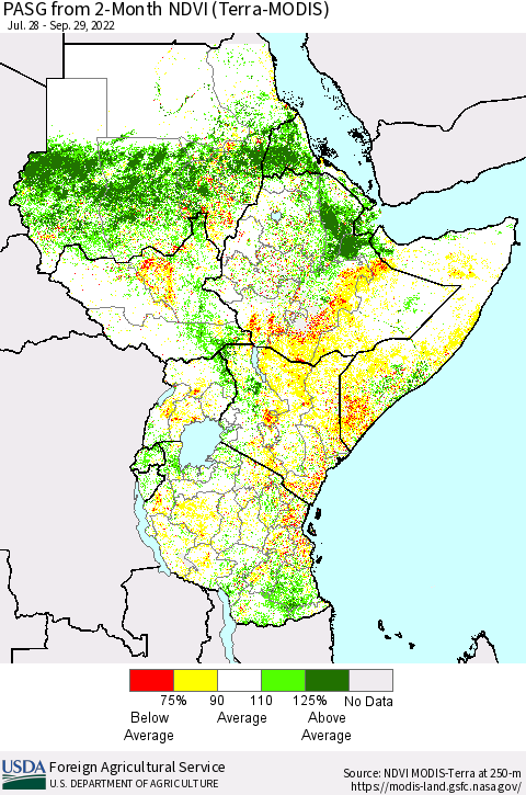 Eastern Africa PASG from 2-Month NDVI (Terra-MODIS) Thematic Map For 9/21/2022 - 9/30/2022