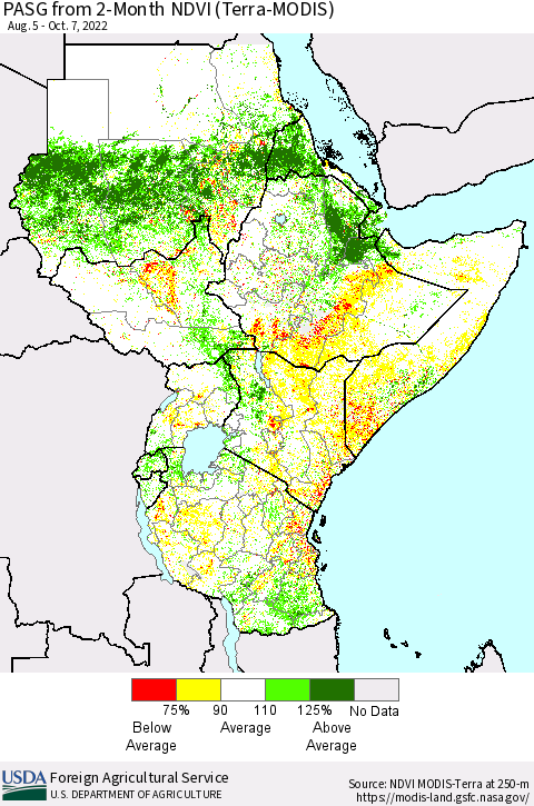 Eastern Africa PASG from 2-Month NDVI (Terra-MODIS) Thematic Map For 10/1/2022 - 10/10/2022