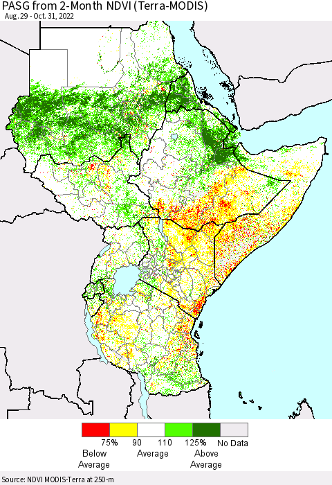 Eastern Africa PASG from 2-Month NDVI (Terra-MODIS) Thematic Map For 10/21/2022 - 10/31/2022
