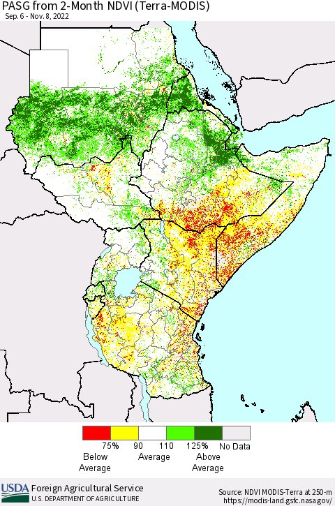 Eastern Africa PASG from 2-Month NDVI (Terra-MODIS) Thematic Map For 11/1/2022 - 11/10/2022