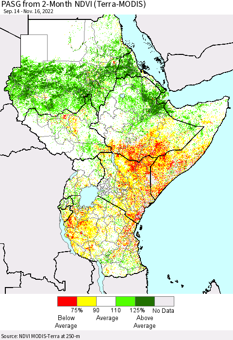 Eastern Africa PASG from 2-Month NDVI (Terra-MODIS) Thematic Map For 11/9/2022 - 11/16/2022