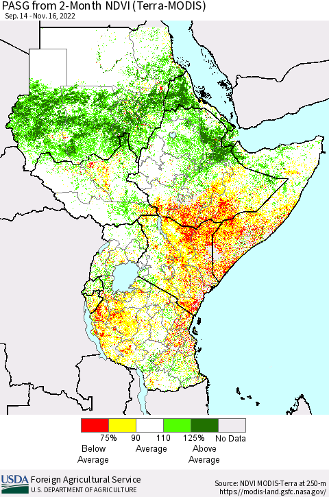 Eastern Africa PASG from 2-Month NDVI (Terra-MODIS) Thematic Map For 11/11/2022 - 11/20/2022