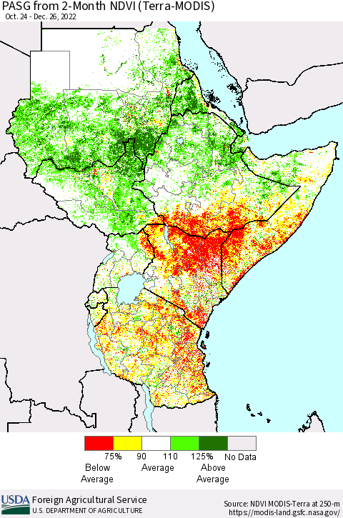 Eastern Africa PASG from 2-Month NDVI (Terra-MODIS) Thematic Map For 12/21/2022 - 12/31/2022