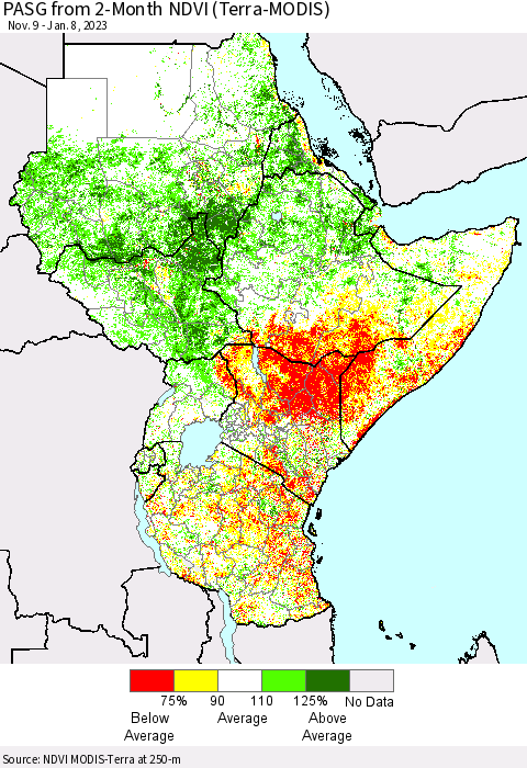 Eastern Africa PASG from 2-Month NDVI (Terra-MODIS) Thematic Map For 1/1/2023 - 1/8/2023