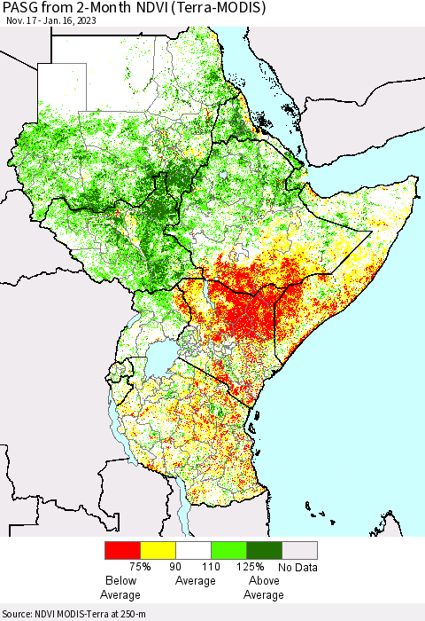 Eastern Africa PASG from 2-Month NDVI (Terra-MODIS) Thematic Map For 1/9/2023 - 1/16/2023