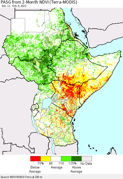 Eastern Africa PASG from 2-Month NDVI (Terra-MODIS) Thematic Map For 2/2/2023 - 2/9/2023