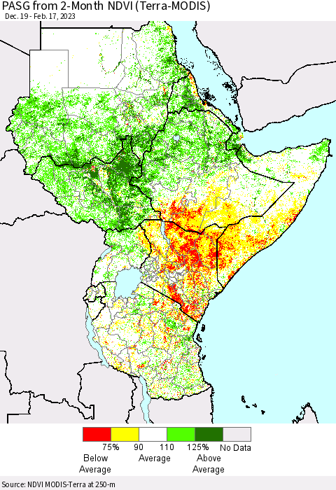 Eastern Africa PASG from 2-Month NDVI (Terra-MODIS) Thematic Map For 2/10/2023 - 2/17/2023