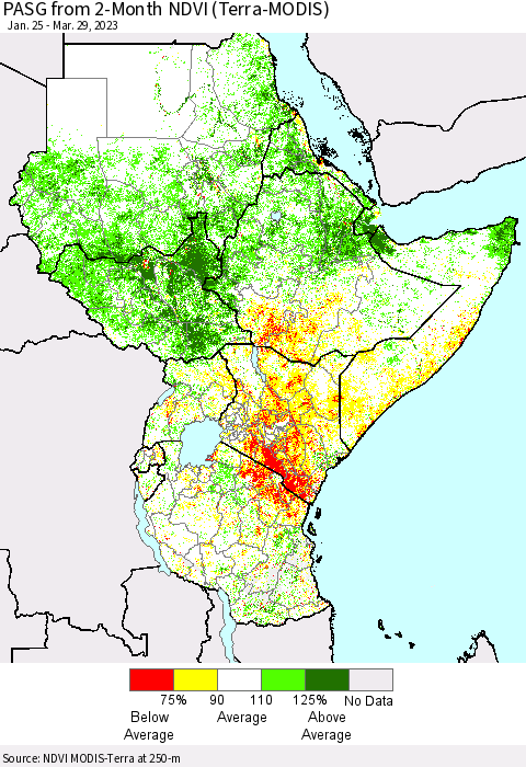 Eastern Africa PASG from 2-Month NDVI (Terra-MODIS) Thematic Map For 3/22/2023 - 3/29/2023