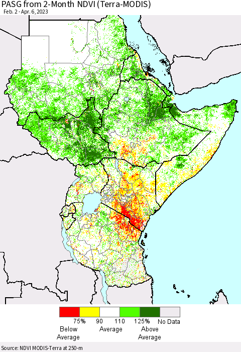 Eastern Africa PASG from 2-Month NDVI (Terra-MODIS) Thematic Map For 3/30/2023 - 4/6/2023
