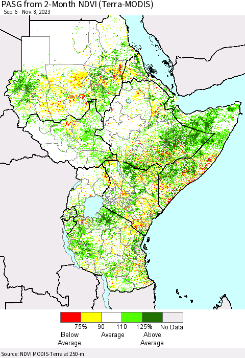 Eastern Africa PASG from 2-Month NDVI (Terra-MODIS) Thematic Map For 11/1/2023 - 11/8/2023