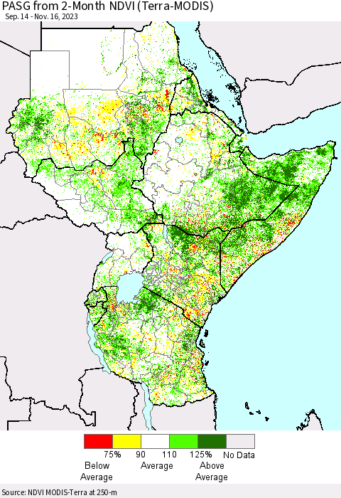 Eastern Africa PASG from 2-Month NDVI (Terra-MODIS) Thematic Map For 11/9/2023 - 11/16/2023