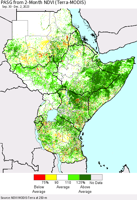 Eastern Africa PASG from 2-Month NDVI (Terra-MODIS) Thematic Map For 11/25/2023 - 12/2/2023