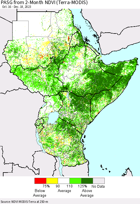 Eastern Africa PASG from 2-Month NDVI (Terra-MODIS) Thematic Map For 12/11/2023 - 12/18/2023
