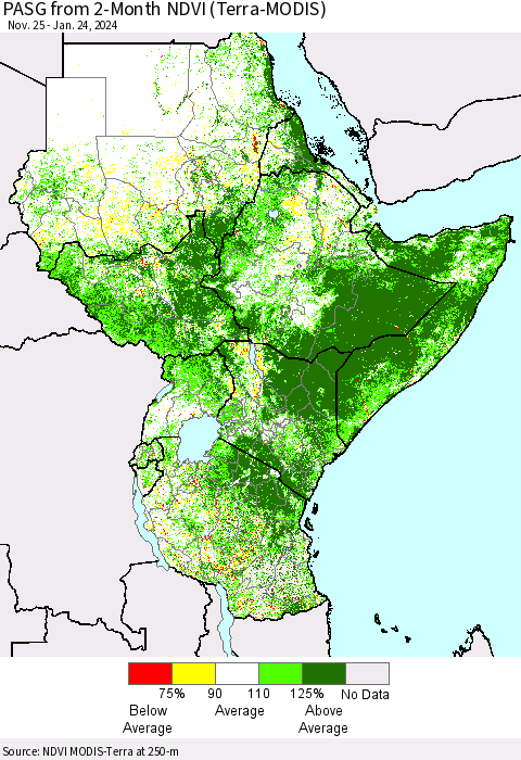 Eastern Africa PASG from 2-Month NDVI (Terra-MODIS) Thematic Map For 1/17/2024 - 1/24/2024