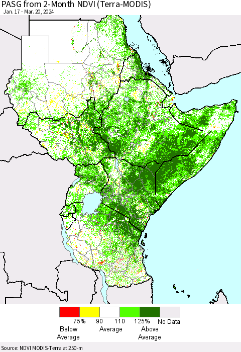 Eastern Africa PASG from 2-Month NDVI (Terra-MODIS) Thematic Map For 3/13/2024 - 3/20/2024