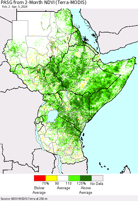 Eastern Africa PASG from 2-Month NDVI (Terra-MODIS) Thematic Map For 3/29/2024 - 4/5/2024
