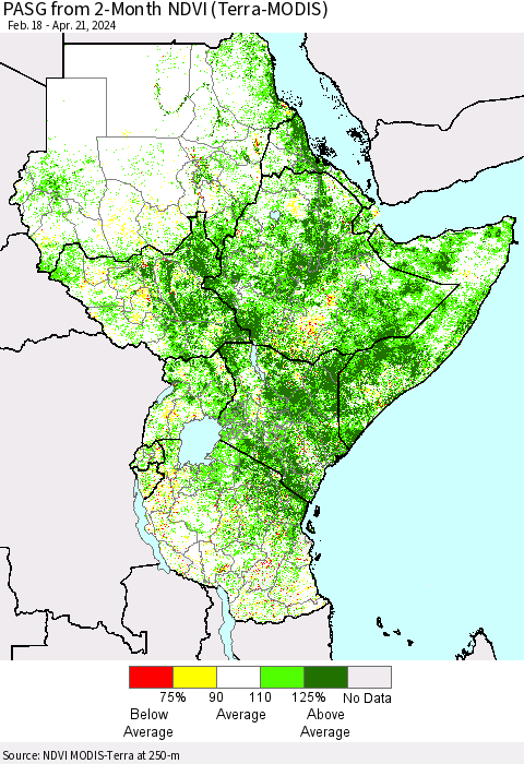 Eastern Africa PASG from 2-Month NDVI (Terra-MODIS) Thematic Map For 4/14/2024 - 4/21/2024