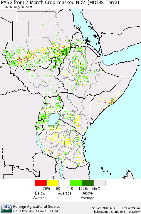 Eastern Africa PASG from 2-Month Cropland NDVI (Terra-MODIS) Thematic Map For 8/21/2019 - 8/31/2019